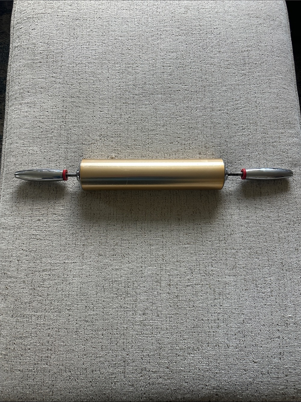 Retro 1950s Space Age Gold Tone Metal Rolling Pin with Bullet Chrome Handles